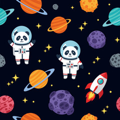 Adorable astronaut pandas exploring colorful planets and stars in a fun cute space pattern