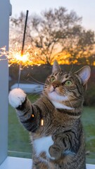 Tabby cat with sparkler