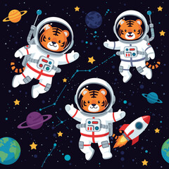 Joyful astronaut tigers exploring space with planets stars and a rocket Kids adventure
