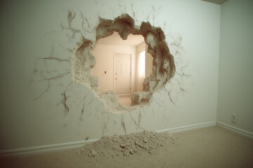 Cracked White Wall with Hole Leading to Another Room. Mock up promotion information for marketing announcements and details, blank white space.