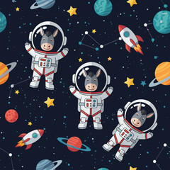 Adorable astronaut donkeys explore colorful planets and stars in a fun whimsical space pattern