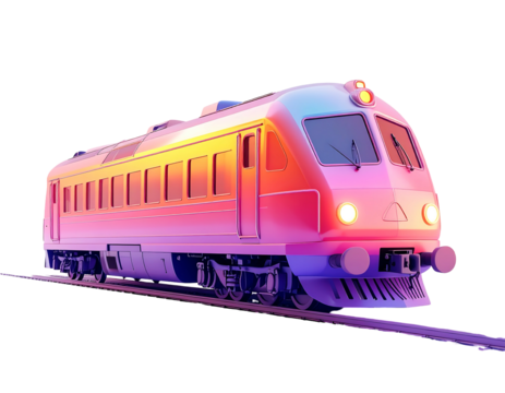 Sleek, modern passenger train rendered in vibrant, gradient hues of pink, orange, and purple, traveling on a dark track against a black background