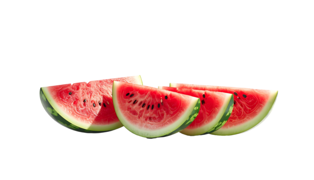 Four juicy watermelon slices, red flesh, black seeds, green rind, arranged slightly overlapping on a black background, sunlit