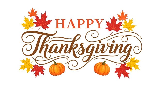 Happy Thanksgiving festive text surrounded by autumn leaves and pumpkins celebrating autumn harvest and gratitude - Powered by Adobe