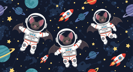 Cute cartoon bats in astronaut suits exploring space with planets and rockets Fun childlike adventure