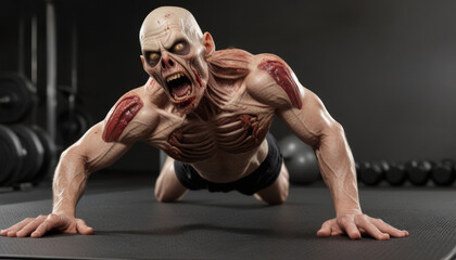 Zombie Monster Doing Push-Ups in Gym