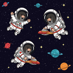 Cute cartoon moles in astronaut suits explore colorful outer space with planets Space adventure