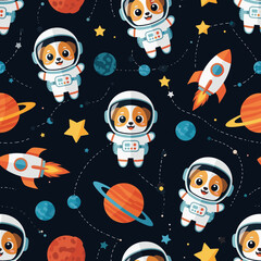 Cute cartoon dogs in astronaut suits exploring space with planets rockets and stars Fun kids design