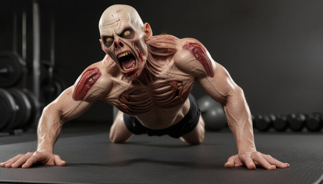 Zombie Monster Doing Push-Ups in Gym