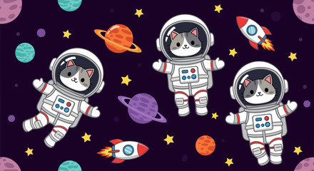 Cute cartoon astronaut cats exploring outer space with planets and rockets Fun design for kids