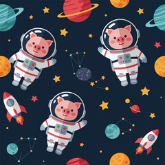 Adorable pig astronauts float among planets stars and rockets in a whimsical space adventure
