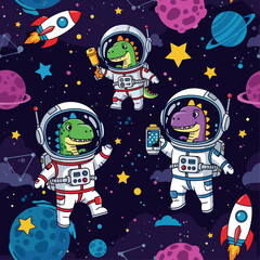 Cute dinosaur astronauts explore vibrant outer space with planets stars and rockets Fun adventure