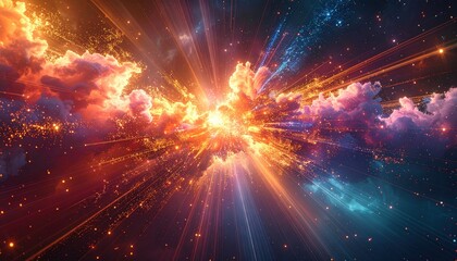 Cosmic explosion, vibrant nebula, radiant energy bursts, interstellar dust clouds.