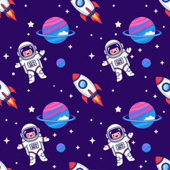 Cheerful astronauts rockets and planets create a fun colorful space pattern for kids
