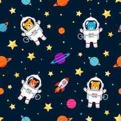 Cute cartoon bears in astronaut suits explore a vibrant galaxy with planets and stars Kids design