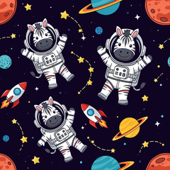 Cute zebra astronauts float in starry space with rockets and planets a fun seamless pattern