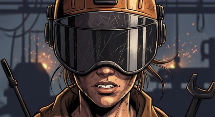 Close up of a female welder wearing protective gear in a workshop setting.