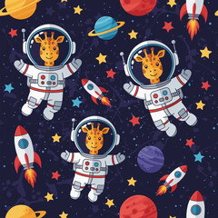 Cute giraffes in astronaut suits explore colorful outer space with rockets and planets Fun kids design