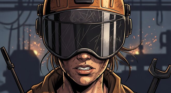 Close up of a female welder wearing protective gear in a workshop setting.