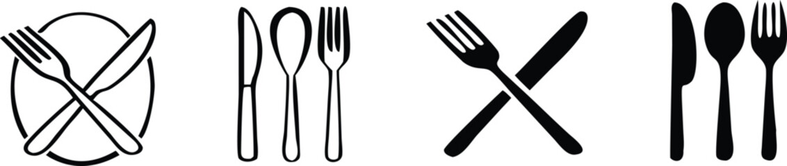 Illustration of various cutlery arrangements, including crossed knife and fork, spoon, knife, and fork combinations, isolated on white background 
