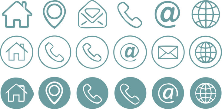 Illustration of contact information icons set, representing communication channels such as address, phone, email, website, and location details