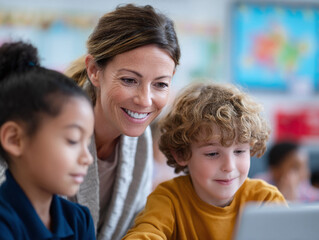 Smiling teacher helps diverse students with technology in a bright classroom. Represents learning, education, teamwork and the future. Ideal for school, tech, or success.