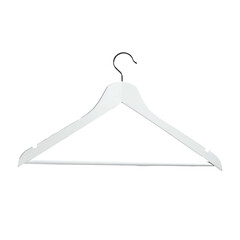 A simple, white wooden clothes hanger with a curved top and a metal hook