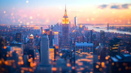 Obraz premium Blurred modern cityscape background with glowing bokeh lights, abstract urban skyline of tall skyscrapers and buildings, defocused city atmosphere illustration