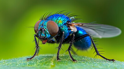 Fototapeta premium Vibrant iridescent blue fly macro photography. Detailed closeup showcasing intricate textures striking colors. Perfect for nature, science, or design projects needing a captivating insect image.