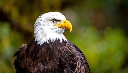 A majestic bald eagle with piercing yellow eyes and a striking white head, stands in focus against a blurred green background