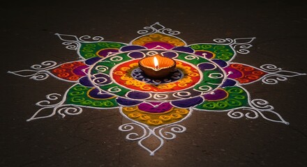Close up of a colorful rangoli design with a lit diya in the center on a dark surface for diwali festivity