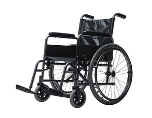 A black, metal-framed wheelchair with padded seat and back, large rear wheels, and smaller front wheels, angled slightly to the right