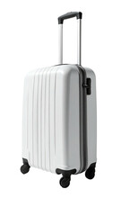 A sleek, white, hard-shell carry-on suitcase with a retractable handle and four wheels, shown in a three-quarter view against a black background