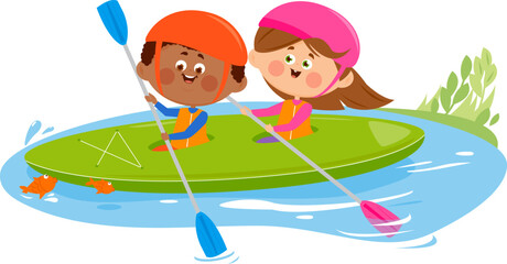 Children rafting on kayak or canoe rowing with paddles in boats in river. Kayaking sport activity of kids using a kayak for moving over water waves. Boy and girl in a canoe with paddle or oar.