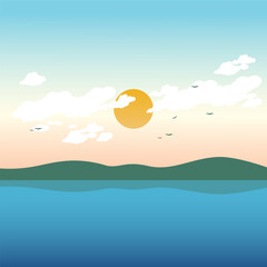 Nature landscape in the lake and hills. Clear blue sky with sun and clouds. A warm summer beach sunset background with wheat field and grass. Vector illustration