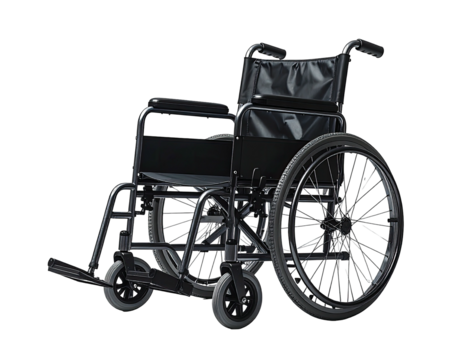 A black, metal-framed wheelchair with padded seat and back, large rear wheels, and smaller front wheels, angled slightly to the right