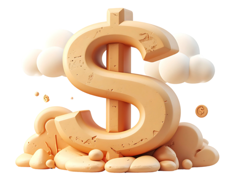 A 3D-rendered stone dollar sign rests on a small, sandy mound, partially obscured by stylized clouds; small coins scatter nearby