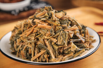 Chinese Dried Preserved Mustard Greens Traditional Asian Vegetable Dish on White Plate