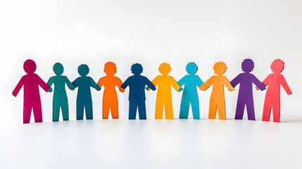 Fototapeta premium Colorful paper cut people in different shades arranged together, diversity and teamwork concept with cutout silhouettes on white backdrop