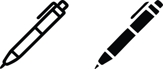 Vector art of two pen icons isolated on white background, one outlined and one solid black, showcasing different styles for writing, drawing, or office use in a minimalist and modern design