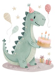 Naklejka premium Cute dinosaur holds birthday cake with balloons and candles. Smiling animal brings gift at party celebration. Adorable cartoon illustration perfect for kids card design.
