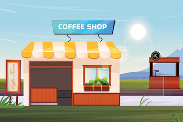 Illustration of a coffee shop with a sign and a drink machine