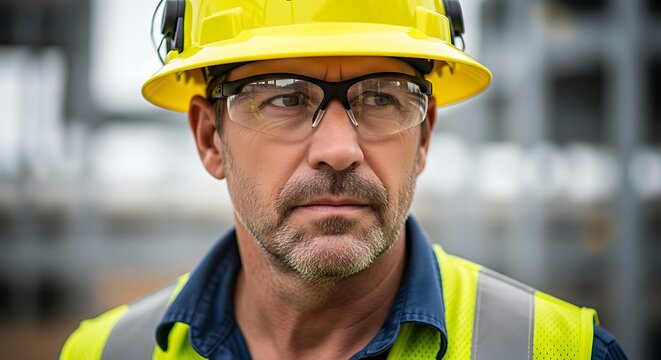 Construction worker wearing safety gear looking intently at the camera.