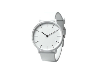 Minimalist white wristwatch with a round face, simple stick markers, and a white silicone band; clean, modern design