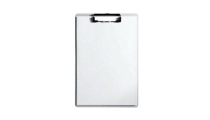 A clean, white clipboard with a black clip at the top, isolated on a black background