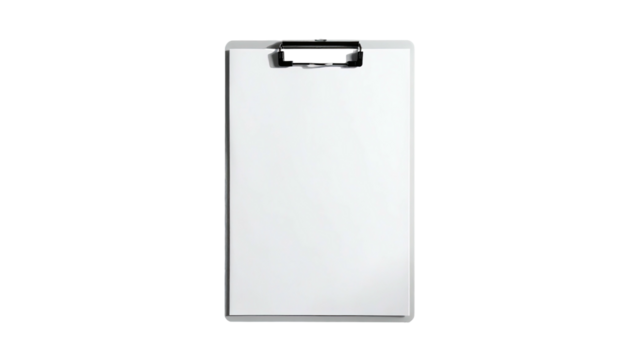 A clean, white clipboard with a black clip at the top, isolated on a black background