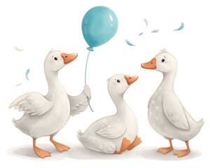 Cartoon goose stands with balloon in countryside. Cute geese friends play together with feathers and beak details. Handpainted watercolor animal illustration