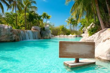 Wooden Sign Floating on Turquoise Water Near Waterfall with Palm Trees. Mock up promotion information for marketing announcements and details, blank white space.