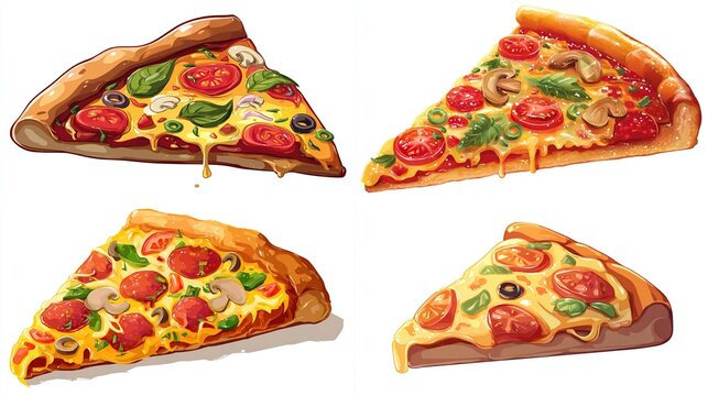 Four cartoon slices of pizza, each with varied toppings like mushrooms, tomatoes, olives, and pepperoni, showcasing melted cheese and a slightly browned crust, against a white background