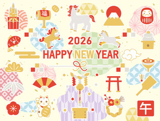 2026年の午年の年賀状の素材などに使えるイラストのセット　白フチ付きバージョン